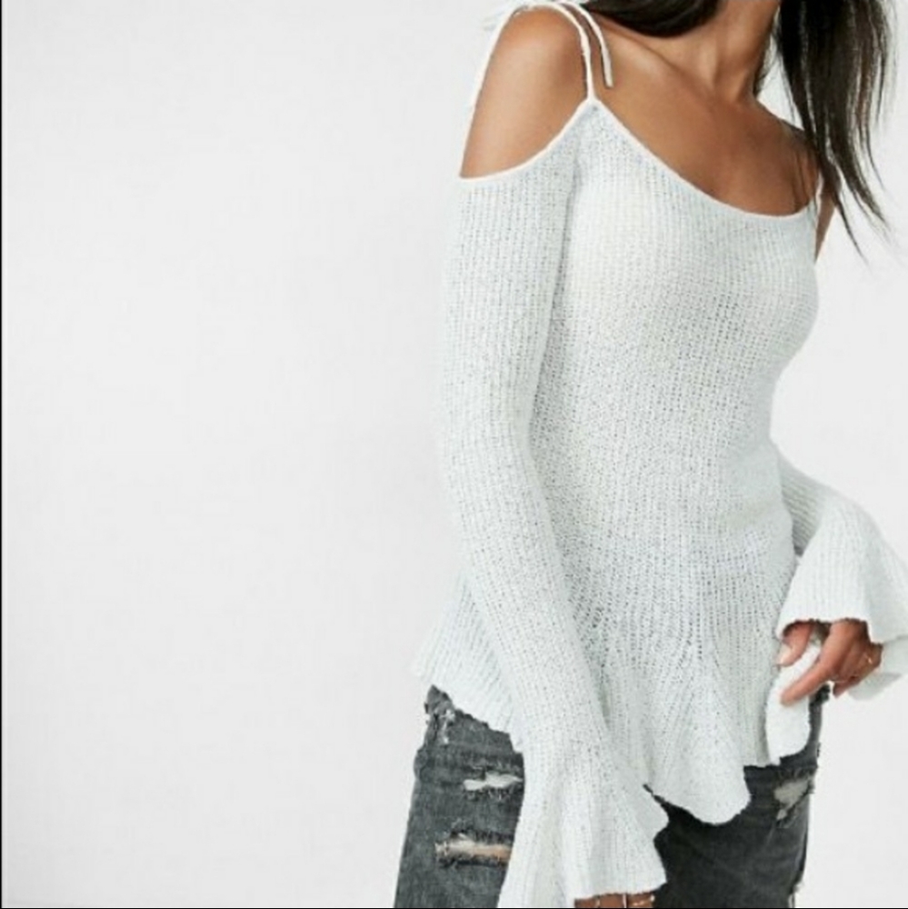 Express bell sleeved off shoulder sweater